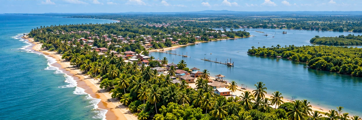 Illustrative aerial coastline and lagoon landscape; not a geolocated photograph of Ilaje or Lagos.