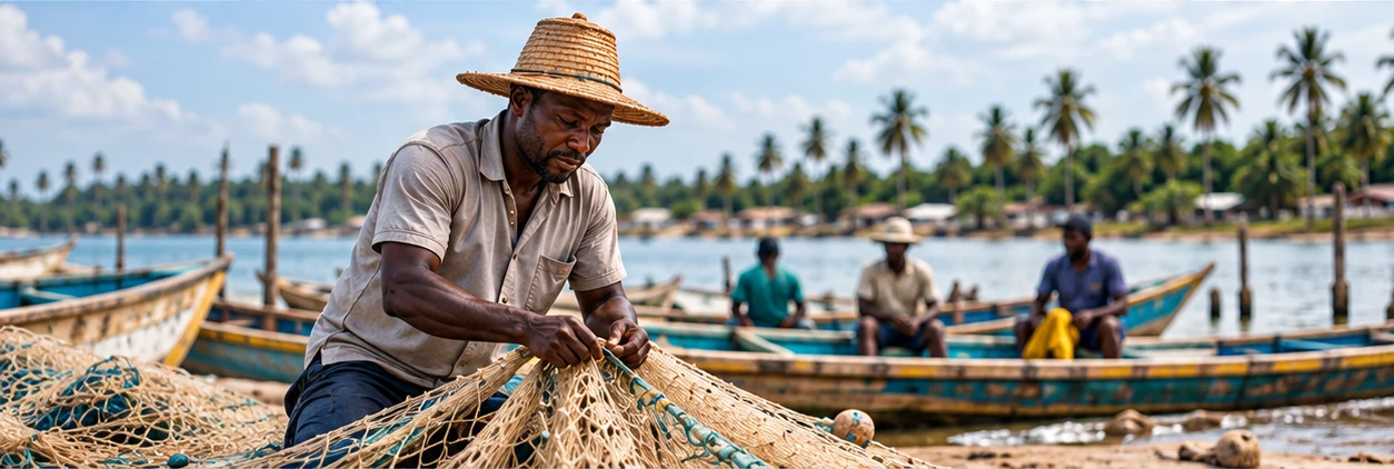 Illustrative fisherman repairing a net beside wooden boats; conceptual image, not an FCAAI activity record.