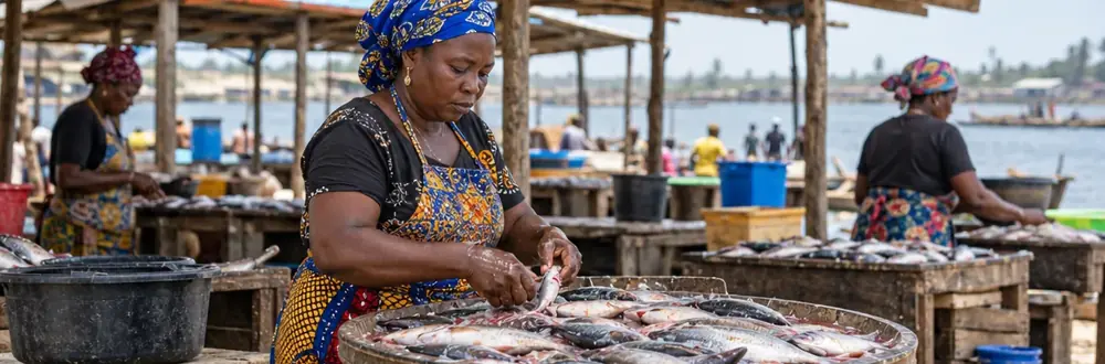 Illustrative coastal fish processor at work; conceptual image, not an FCAAI participant.