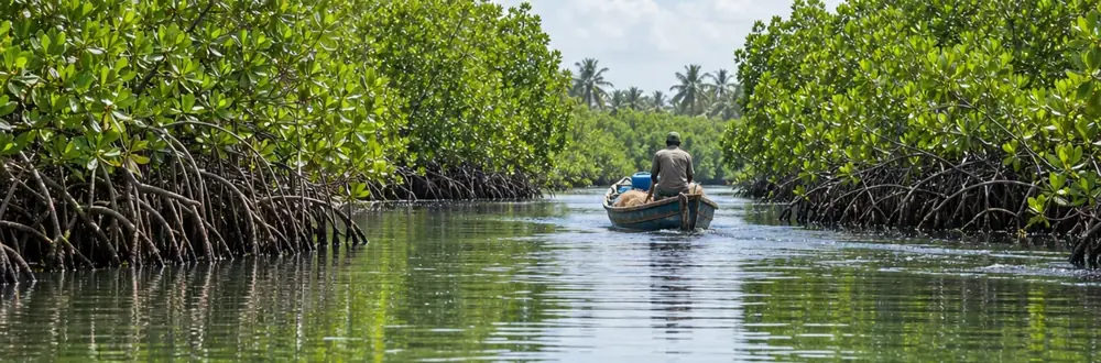 Illustrative mangrove creek and boat; conceptual image, not an FCAAI activity record.