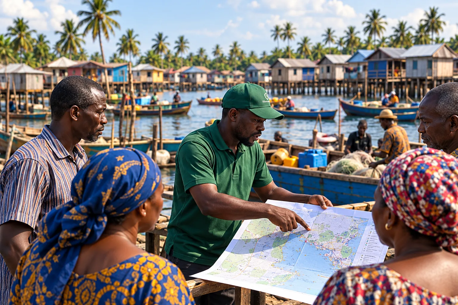 Illustrative coastal residents discussing a flood preparedness map; conceptual image, not documentation of FCAAI activity