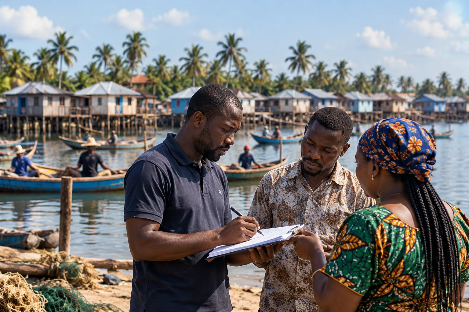 Illustrative community members recording observations on a coastal shoreline; conceptual image, not documentation of FCAAI activity