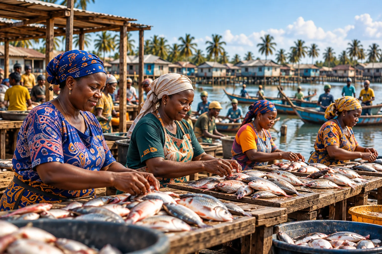 Illustrative women processing fish in a coastal market; conceptual image, not documentation of FCAAI activity