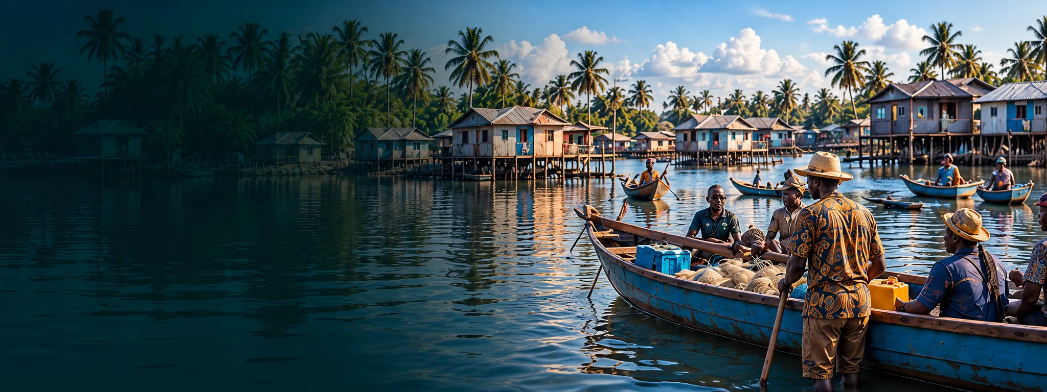 Illustrative coastal community on boats beside a lagoon; conceptual image, not documentation of FCAAI activity