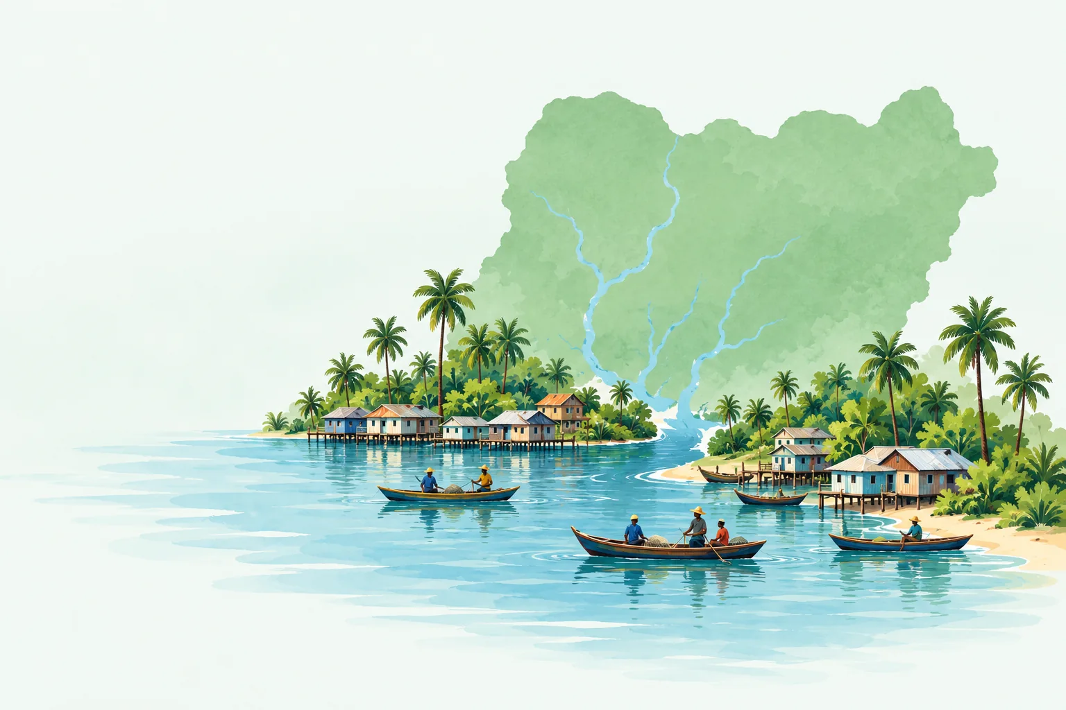 Illustrative silhouette of Nigeria with a coastal community and boats; represents geographic ambition, not completed project locations